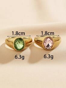 2 件不锈钢时尚华丽金黄色戒指镶嵌粉色和绿色猫眼宝石铸造戒指套装，适合女性日常佩戴或送礼 - 金黃色 - 查看 3