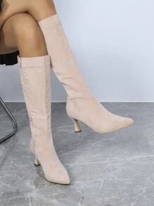 Botas altas de invierno de tacón alto y puntera fina de color rosa para mujer, simples y versátiles