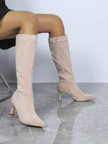 Botas altas de invierno de tacón alto y puntera fina de color rosa para mujer, simples y versátiles