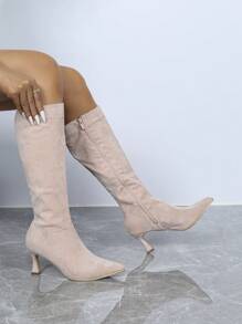 Botas altas de invierno de tacón alto y puntera fina de color rosa para mujer, simples y versátiles