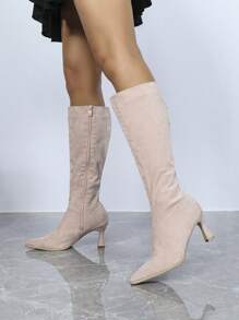 Botas altas de invierno de tacón alto y puntera fina de color rosa para mujer, simples y versátiles