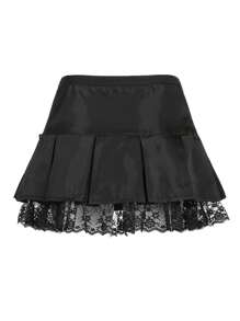 Women Gothic Pleated Mini Skirt Punk High Waist Lace Up A Line Skirt For Casual Party Cosplay - 黑色 - 查看 4