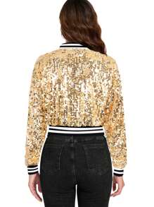 Women's Sparkly Sequin Cropped Jacket Long Sleeve Zipper Up Party Club Bomber Jacket - Vàng - Xem 2