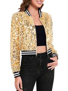 Women's Sparkly Sequin Cropped Jacket Long Sleeve Zipper Up Party Club Bomber Jacket - Vàng - Xem 3