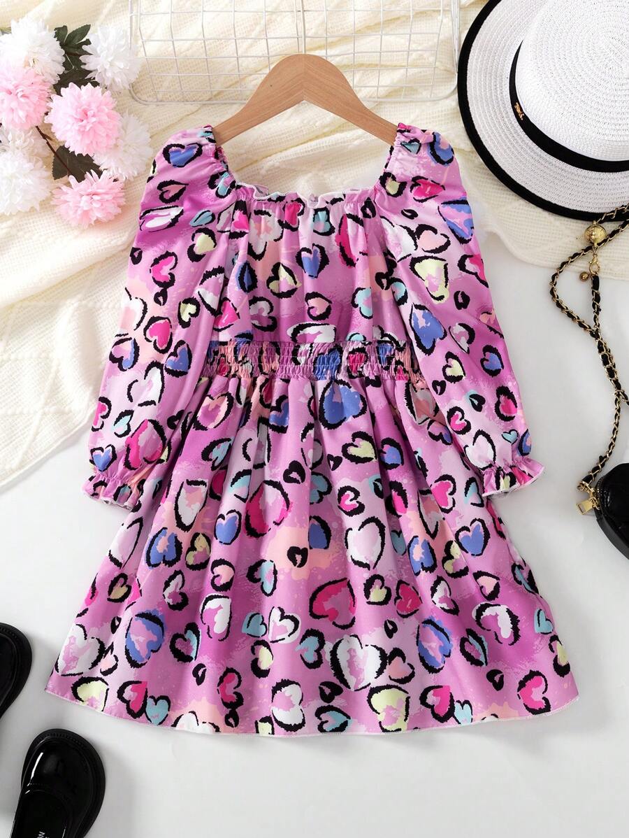 1 chiếc váy chữ A dài tay in họa tiết trái tim và nét vẽ đơn giản thời trang cho bé gái, mùa xuân thu - Nhiều màu - Xem 1