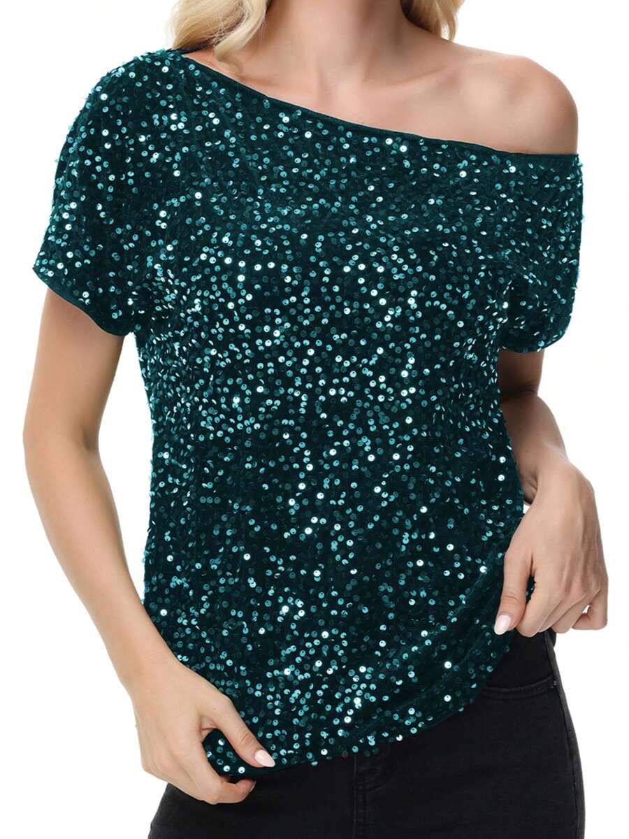 Women's Sequin One Shoulder Short Sleeve Top Party Club Sparkle Glitter Concert Tunic Blouse