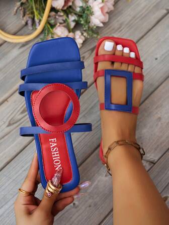 女士平底方头凉鞋，轻便舒适，多巴胺色，一体式套脚设计，休闲度假风夏季户外沙滩拖鞋