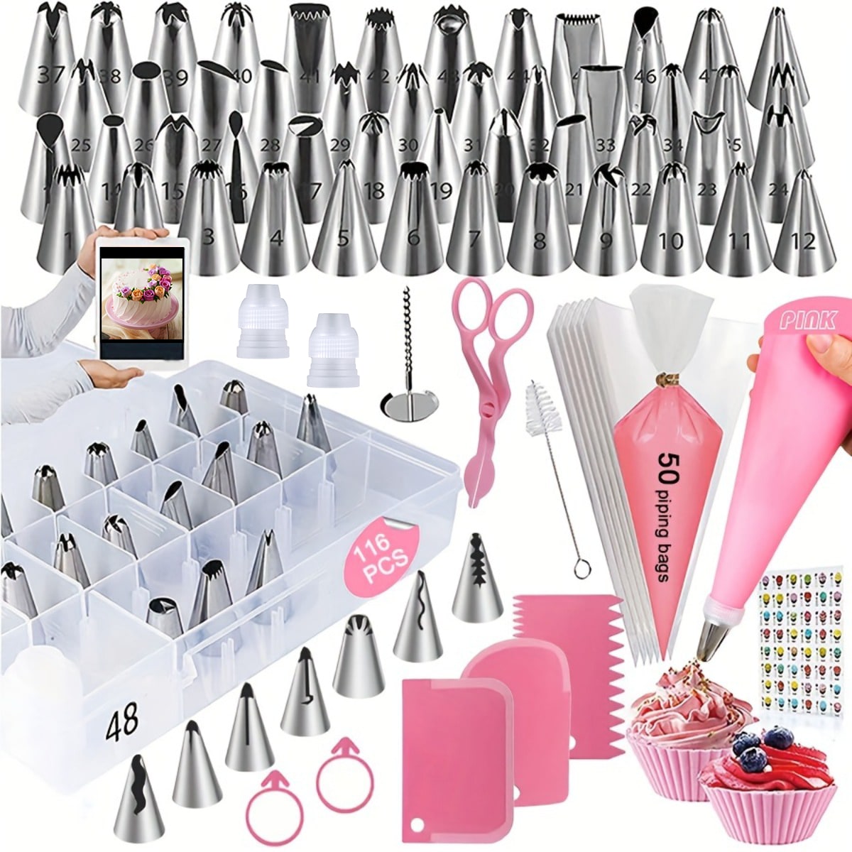 116 pièces Kit de décoration de gâteau, comprenant 55 douilles, 50 poches à douille, 3 spatules à glaçage, avec boîte de rangement. Convient pour la décoration créative de gâteaux, biscuits, pains pour la cuisine à la maison, les fêtes, les boulangers. Également applicable pour les célébrations d'Halloween et de Noël