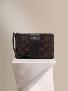 Coach Monedero con cremallera de esquina Cartera para mujer, Bolso de mano tipo muñequera para la noche, Bolso de mano pequeño con correa para la muñeca en lienzo con estampado, Regalo