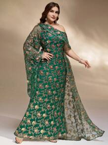 SUPGIR Plus 女士优雅花卉刺绣串珠荷叶边不对称袖连衣裙、奢华晚礼服、婚礼宾客礼服派对礼服 - 墨綠色 - 查看 3