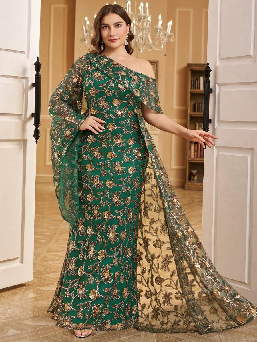 SUPGIR Plus 女士优雅花卉刺绣串珠荷叶边不对称袖连衣裙、奢华晚礼服、婚礼宾客礼服派对礼服 - 墨綠色 - 查看 1