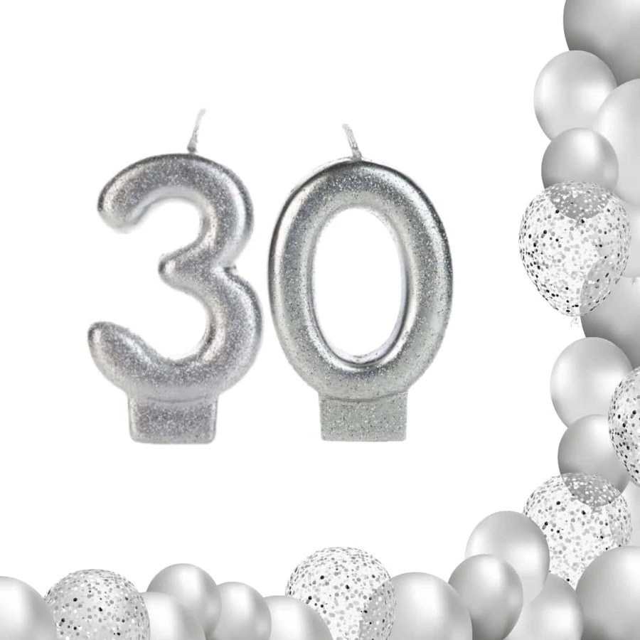 2 Number Birthday Candles Silver Glitter Shine - 30 años - Ver 1