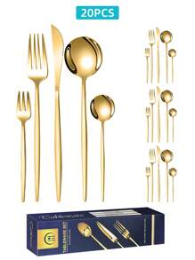 Juego de cubiertos de 15/20/30 piezas de acero inoxidable, elegante conjunto de cubiertos dorados de 15/20/30 piezas, conjunto de cubiertos con acabado dorado, cuchillos, tenedores y cucharas de cena reutilizables para uso diario y en el hogar, caja de regalo, útiles escolares