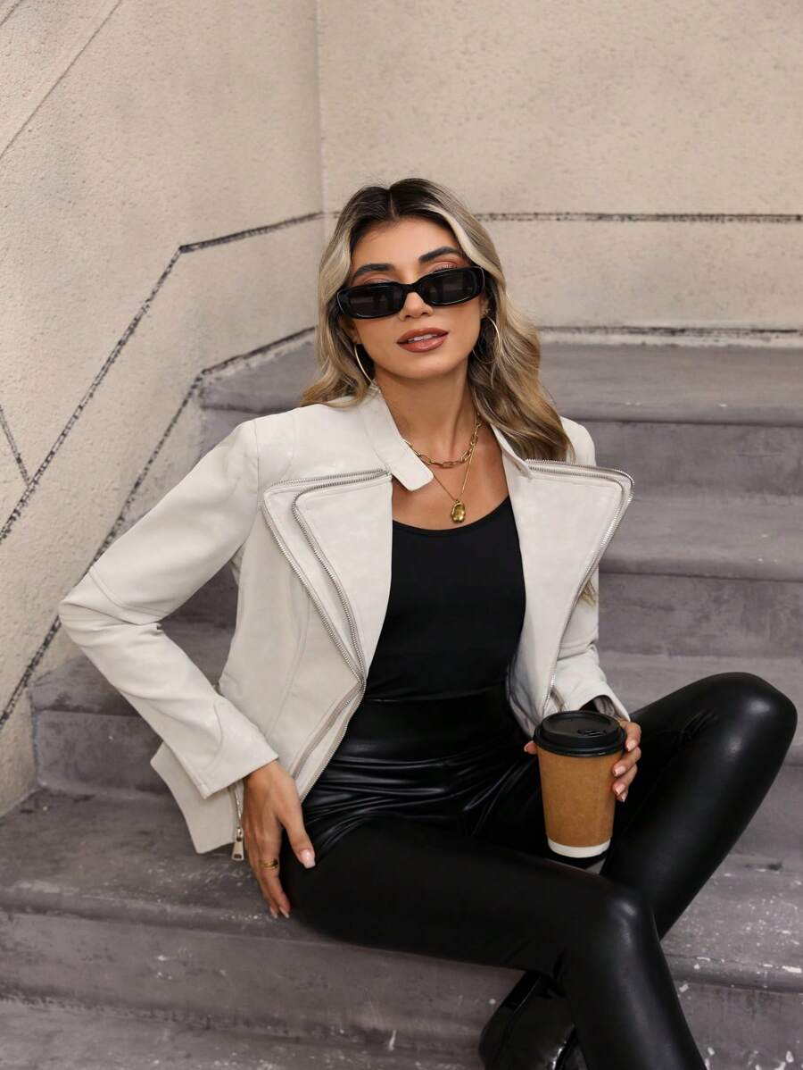 Giolshon Women's Fashionable Commuter Jacket With Pockets - Perfect For Autumn And Spring Seasons Leather Women Jacket - Beige - View 1