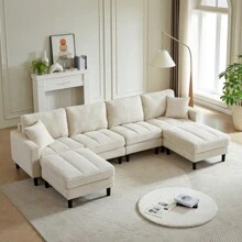 122.5-Inch Oversized U-Shaped Modular Sofa, Corduroy Fabric Sofa, Living Room Sectional Sofa With 2 Pillows, Two Ottoman, Plastic Leg, Black - Beige + Corduroy + Foam + 4 Seat - View 4