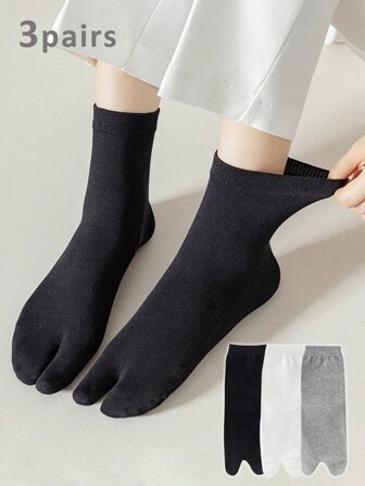 3 Pairs Women's Split Toe Socks, Long Mid Calf Socks, Soft Socks, Two Toe Socks, Clog Socks, Simple Socks For Everyday Wear