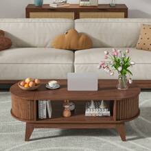 Fluted Wood Oval Coffee Table With Flip-Top Storage & Open Shelf – Mid-Century Modern Centerpiece, Ideal For Living Room, Apartment, Office, Or Small Spaces - 核桃 - 查看 2