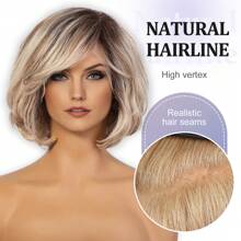 12 Inch Human Hair Wigs For Women,Short Layered Textured Real Hair Bob Wig With Bangs Side Part Lace 11x4.5x1.5