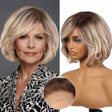 12 Inch Human Hair Wigs For Women,Short Layered Textured Real Hair Bob Wig With Bangs Side Part Lace 11x4.5x1.5