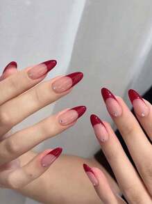 Enhance Your Style With 24 Pieces Of Long Almond Red Rhinestone French Fake Nails, 1 Nail File, And 1 Nail Tape Nail Pressing Product