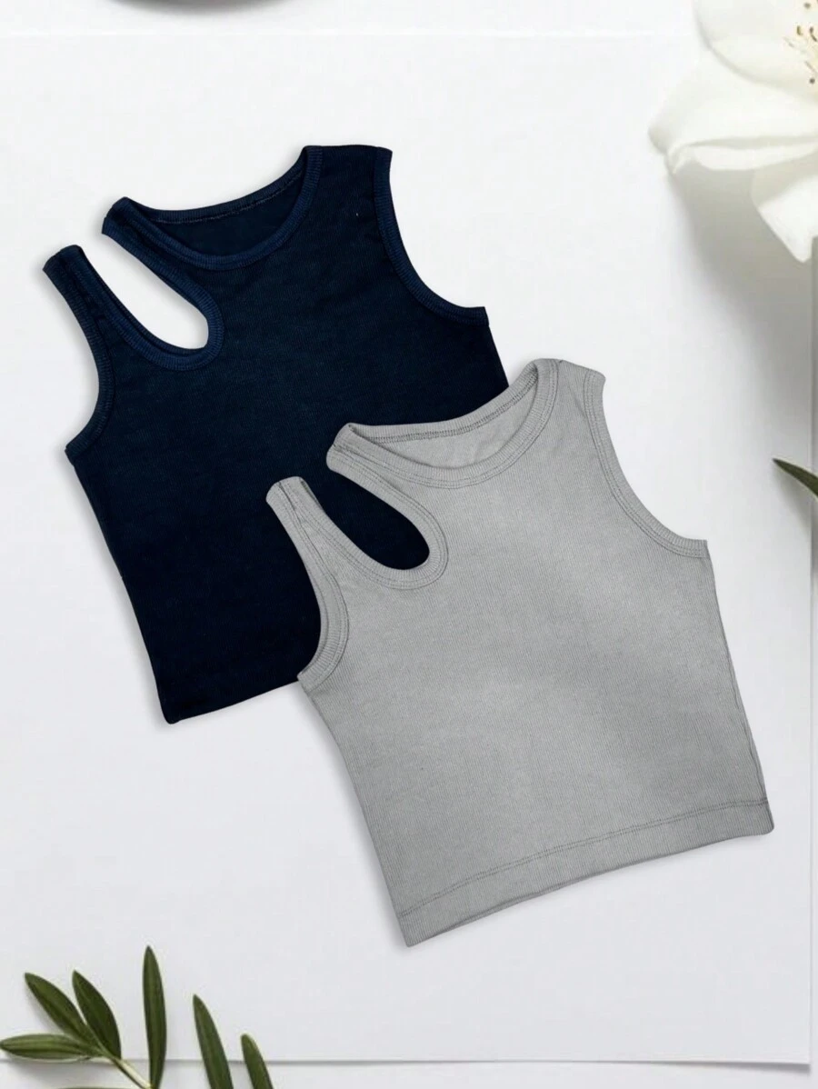Women's Ribbed Crop Top High Quality Women's Low-Cut Ribbed Blouse - 黑色和灰色 - 查看 1