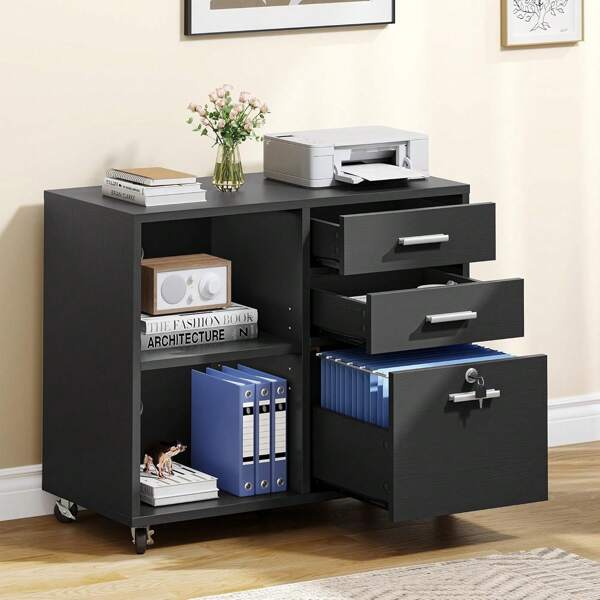 Mobile Filing Cabinet With 3Drawers, Rolling Filing Cabinet For Home Office, Wood Storage Cabinet For A4, Letter Size Documents, Printer Table With Open Compartments Lock And Wheels