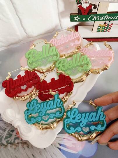 Custom Earrings Bamboo,Acrylic Name Earrings, Gold Bamboo Earrings, Nameplate Jewelry, Personalized Name Earrings, Personalized Gift For Mom,Personalized Hoop Earrings For Women Kids,Gift