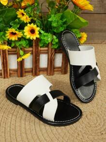 儿童时尚露趾纯色平底防滑可爱沙滩拖鞋，儿童浴室凉鞋 - 黑與白 - 查看 2