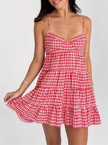 Women Spaghetti Strap Cami Dress Plaid Sweetheart Neck Tiered Hem Back Lacing Short Dresses - Đỏ - Xem 3