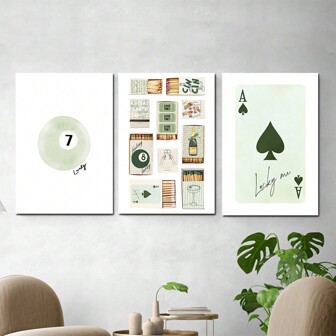 Set med 3 blekgröna Lucky 7 Pool Ball Vintage Tändsticksask Ace Of Hearts Art Canvas Poster Print, Fashionable Vintage Home Gallery Estetisk Väggkonstbild, Perfekt för College Dorm, Preppy Lägenhet, Hem, Vardagsrum eller sovrum väggdekoration, Ingen ram