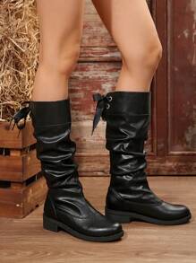 Women Knee-High Boots, Casual Mid-Heel, Retro, Classic Round Toe, Bowknot Lace Up Fashion Boots