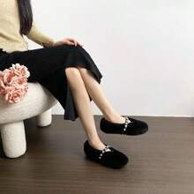 Women Winter Flat Shoes, Thermal Lined Thick Sole Casual Mary Jane Faux Pearl Decor Fuzzy Slip-On Soft Bottom Soft Shoes, Black - Black - View 10