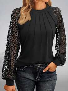 Women's Long Sleeve Shirt Lace Sleeve Blouse Business Casual Tops Fall Casual Loose Work T Shirt - 黑色 - 查看 3