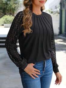 Women's Long Sleeve Shirt Lace Sleeve Blouse Business Casual Tops Fall Casual Loose Work T Shirt - 黑色 - 查看 2