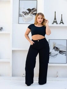 CALCA JEANS FEMININA WIDE LEG CINTURA ALTA 100% ALGODAO