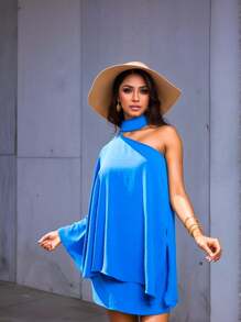 Beach Dress Mule Manca Ruffle Sleeve With High Neck Open Shoulder Crepe Fabric Modern Elegant Classic Sophisticated Traditional Vintage Modern With Bold Sleeve For Weddings Casual Events Graduation New Year And Christmas Promotion Work Fashion Summer Fashion - 藍色 - 查看 2