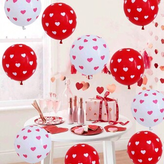 10Pcs/Set 12Inch White Red Round Latex Balloon Heart Pattern Printed Balloon For Wedding Confession Anniversary Decoration Valentine's Day Air Balloon Marriage Gift Helium Ball
