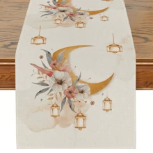 1pc Golden Moon Lantern Floral Pattern Table Runner, Modern Minimalist Style Linen-Like Non-Slip Heat Resistant Table Cloth, Happy Ramadan, Suitable For Theme Parties, Holidays, Outdoor Dining, Kitchen, Home Decor - Multicolor - View 8