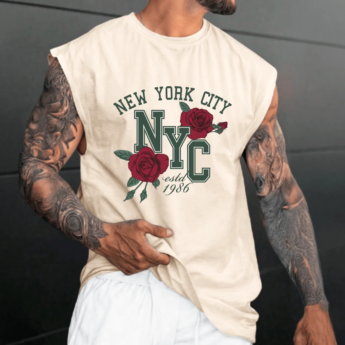 NYC White Vintage Classic Red Roses Style Oversized Tank Top - 奶油色 - 查看 1