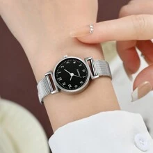 Modische, lässige Quarz-Damenuhr, elegantes rundes Zifferblatt mit Edelstahlarmband