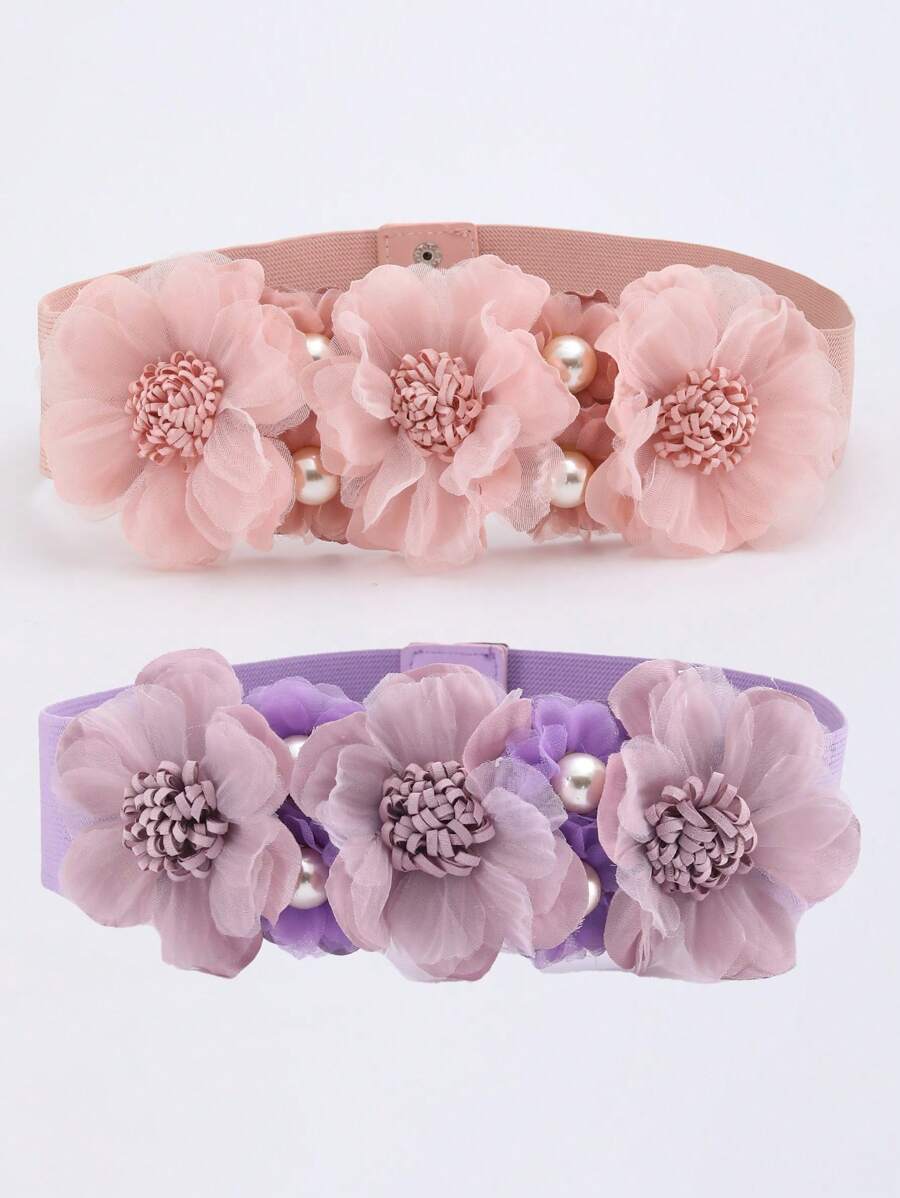 1pc Women's Colorful Lace Pearl & Faux Flower Decor Elastic Waist Belt, Holiday Style - A - View 1