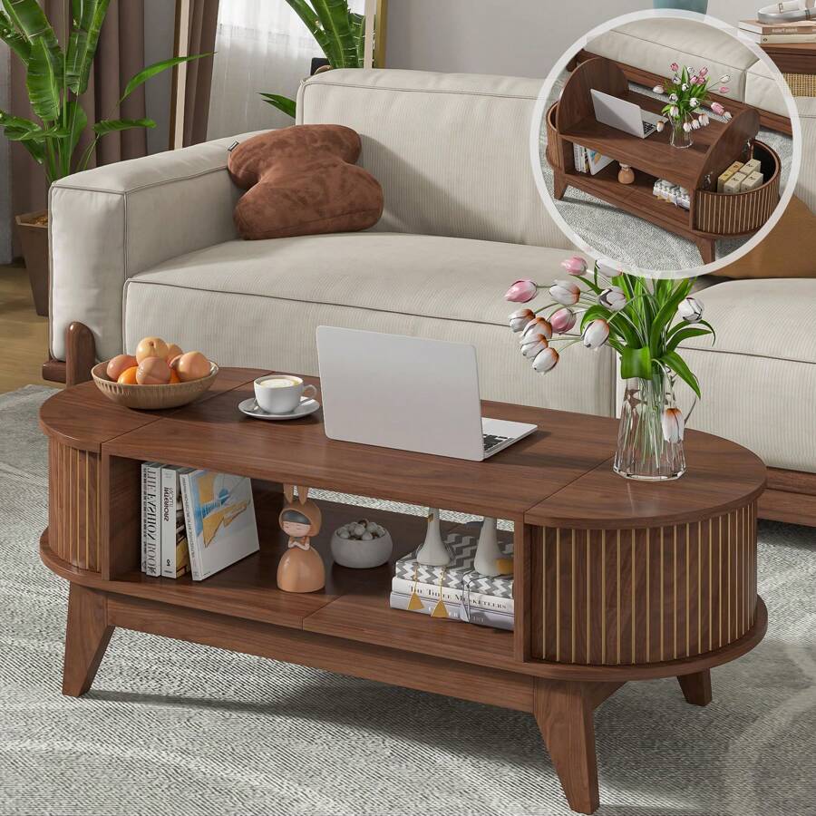 Fluted Wood Oval Coffee Table With Flip-Top Storage & Open Shelf – Mid-Century Modern Centerpiece, Ideal For Living Room, Apartment, Office, Or Small Spaces - 核桃 - 查看 1