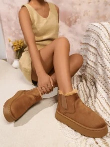 Cizme de zăpadă confortabile, casual, cu slip-on, pentru damă, cu căptușeală termică și talpă groasă, pentru iarnă - Maro - Vizualizare 4