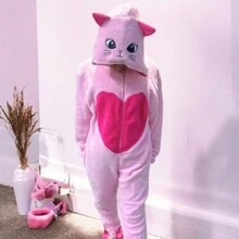 Cute Fleece Pajamas  Kids Pink Kitten Kigurumi Women Girls Original - 淺粉色 - 查看 2