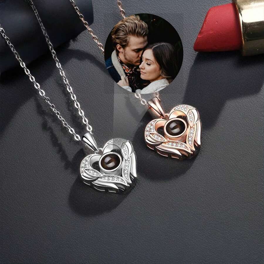 Love Light Luxury Heart Necklace Nano Projection Photo Memory Necklace S925 Silver Necklace To Girlfriend Wife Holiday Box Gift