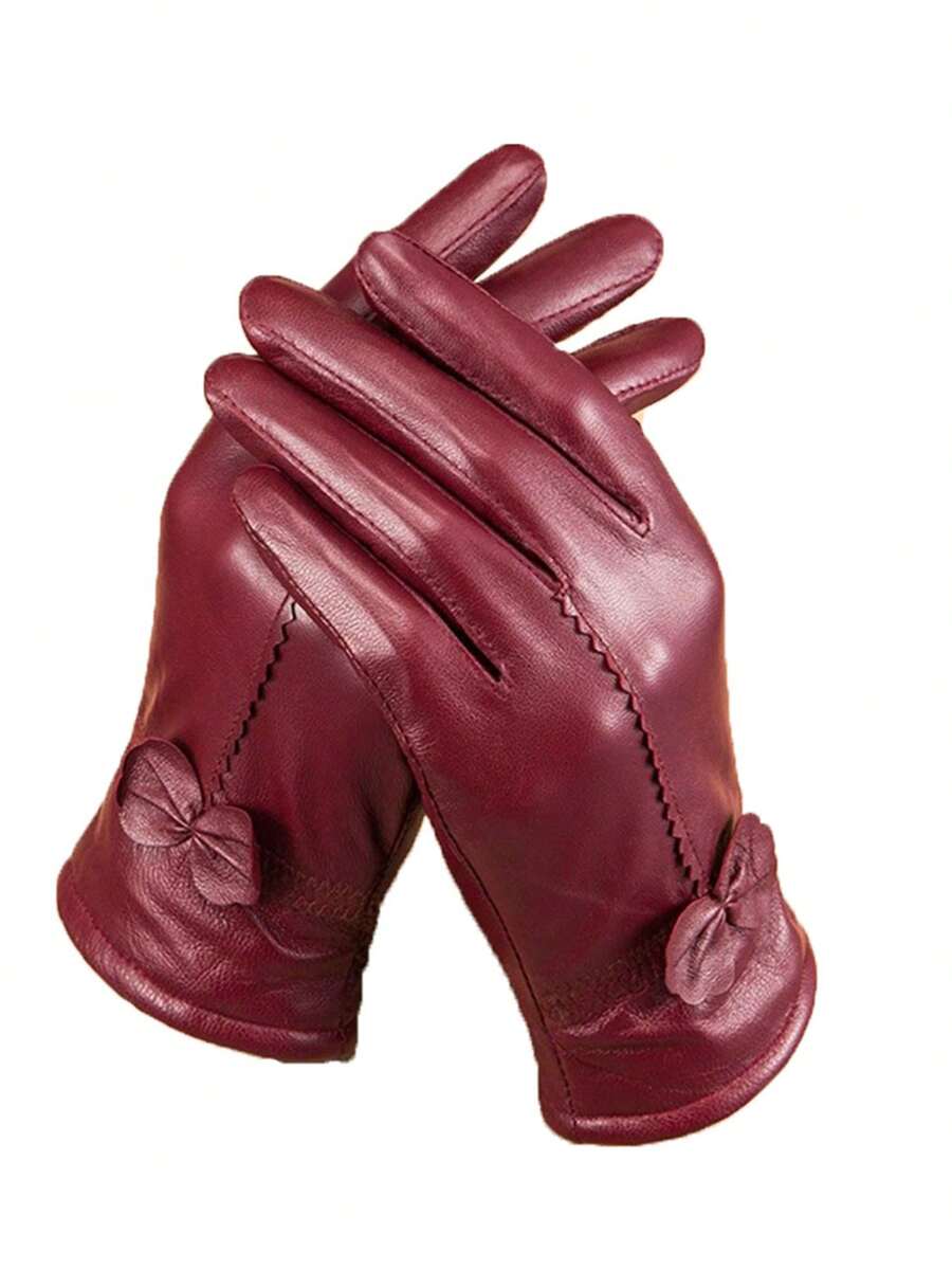 Leather Gloves For Women Winter Warm Genuine Sheepskin Leather Gloves With Thermal Cashmere Knitted Lining Driving Fashion Glovec - 紅木色 - 查看 1
