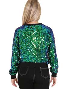 Sudaderas de mujer con manga larga, puños acanalados y detalles de lentejuelas y brillo - Verde - Ver 2