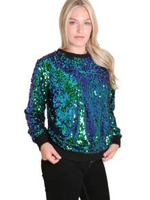 Sudaderas de mujer con manga larga, puños acanalados y detalles de lentejuelas y brillo - Verde - Ver 3