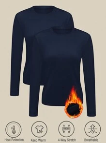 2 件装女士运动保暖 T 恤秋冬季微绒衬里打底衫多功能底层运动训练 T 恤 - 藏蓝色 - 查看 3