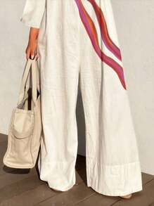 Long Sleeves Loose Striped Jumpsuits For Women 2024 Spring And Autumn Casual Wide Leg Floor Length Overalls One-Piece Suit - 白色 - 查看 4
